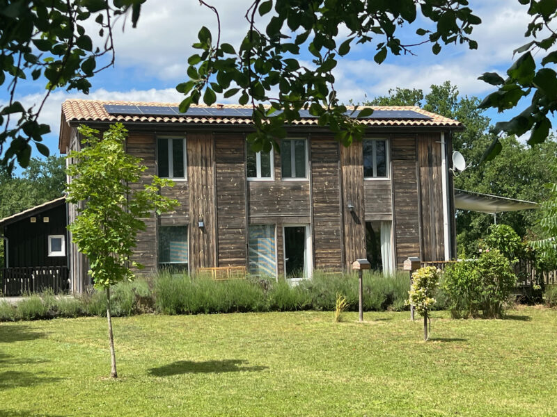 Façade en bois vertical de la Maison Les Terrasses, bordée de lavandes